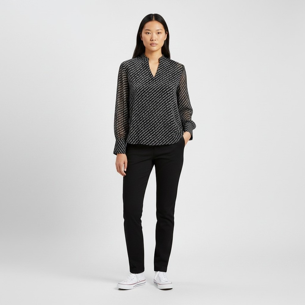 Calvin Klein Top Womens Medium Black Chiffon Long Sleeve Logo Blouse NWT